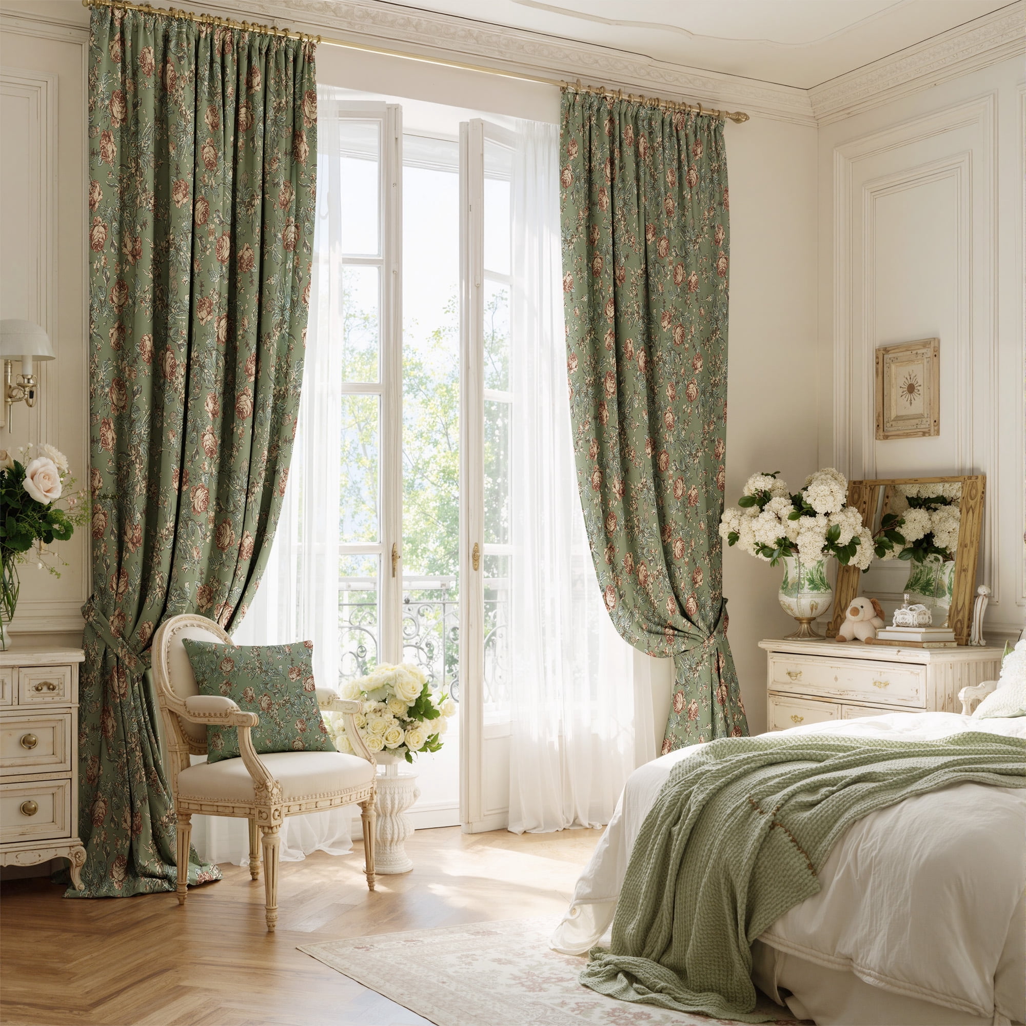StangH Green Floral Curtains for Living Room, Soft Velvet Peony Print with Cottage Privacy Window Drapes for Living Room, Sage Green, W52 x L84, 2 Panels