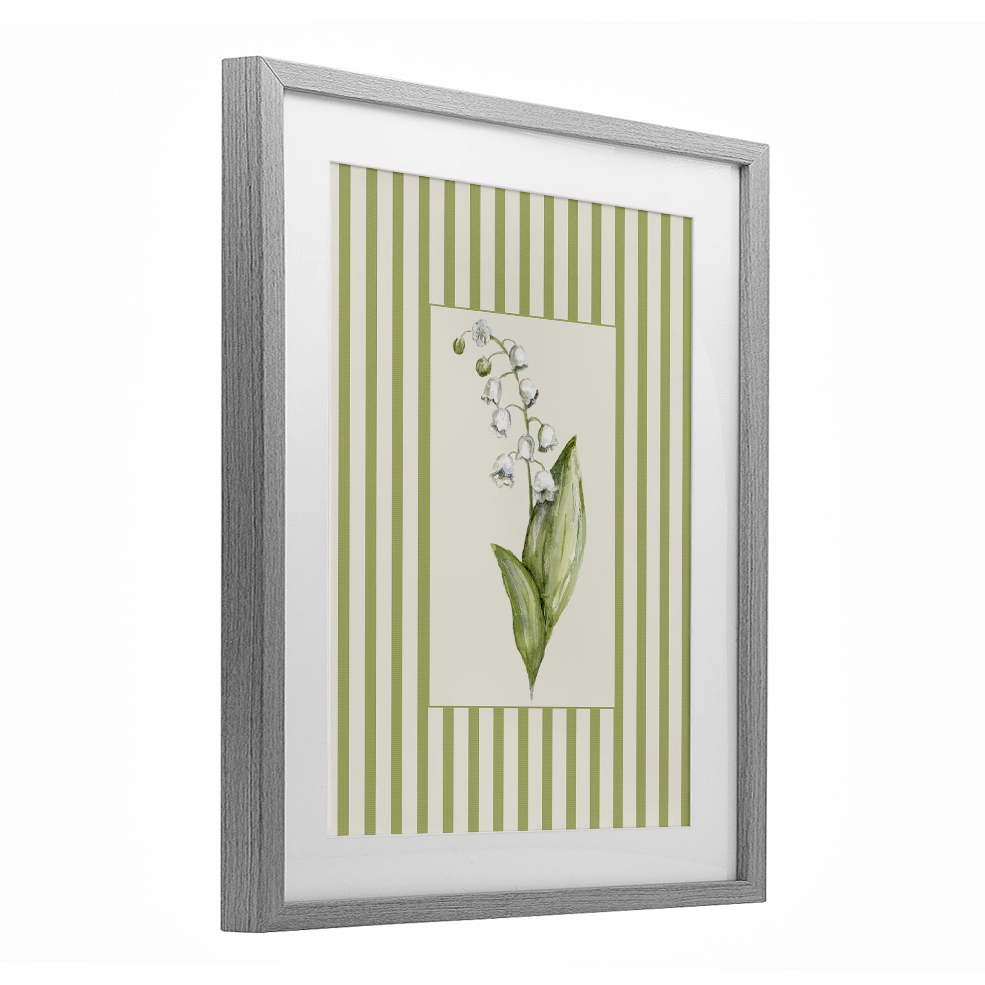 Striped Lily Of The Valley Gray Framed Print Under Glass, design by Lisa Wehmeyer