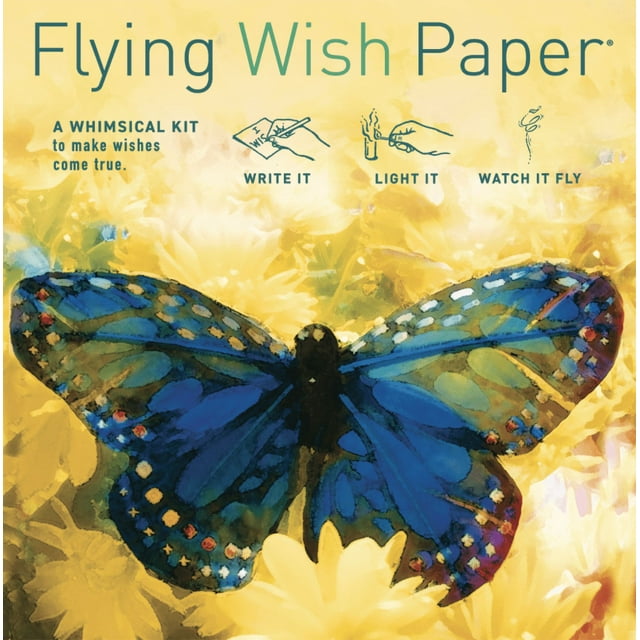 Royal Butterfly Flying Wish Paper whimsical mini kit featuring a vibrant blue butterfly design on a yellow floral background. The kit includes 15 sheets of Flying Wish Paper, 5 platform cards, a pencil, and illustrated instructions. Compact 5-inch by 5-inch size, ideal for writing wishes, lighting them, and watching them fly. Perfect for birthdays, weddings, or special occasions.