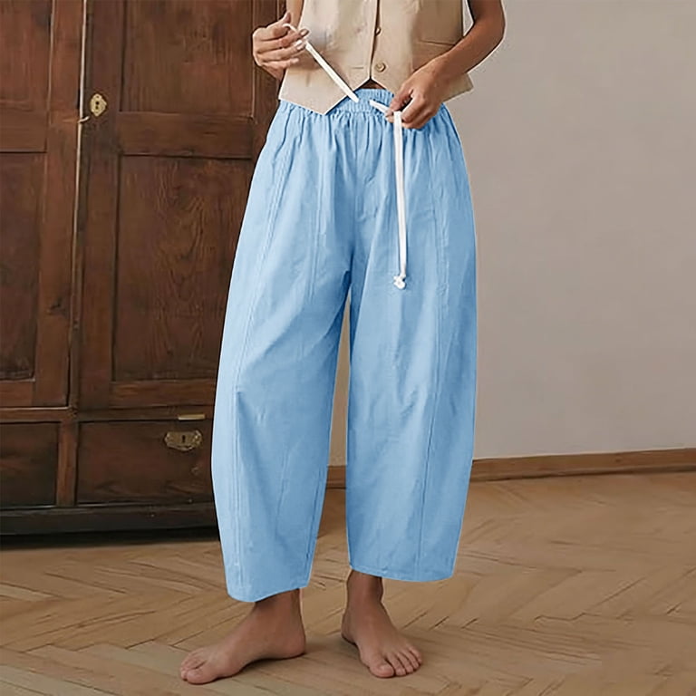 Women Barrel baggy Pants drawstring Elastic Waist Loose Fitting Casual Wide  Leg Trousers for Streetwear Daily Wear Light Blue S - Walmart.com