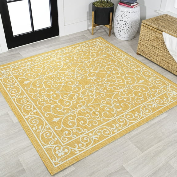 JONATHAN Y SANTA MONICA 5' Square Area Rug, Charleston Vintage Filigree Textured Weave - Yellow/Cream, SMB106L-5SQ
