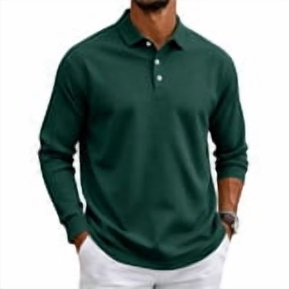 Men's Polo Shirt Long Sleeve Golf Shirts Quick Dry Lightweight 3-Button Performance Work Fishing Athletic Tops Dark Green L