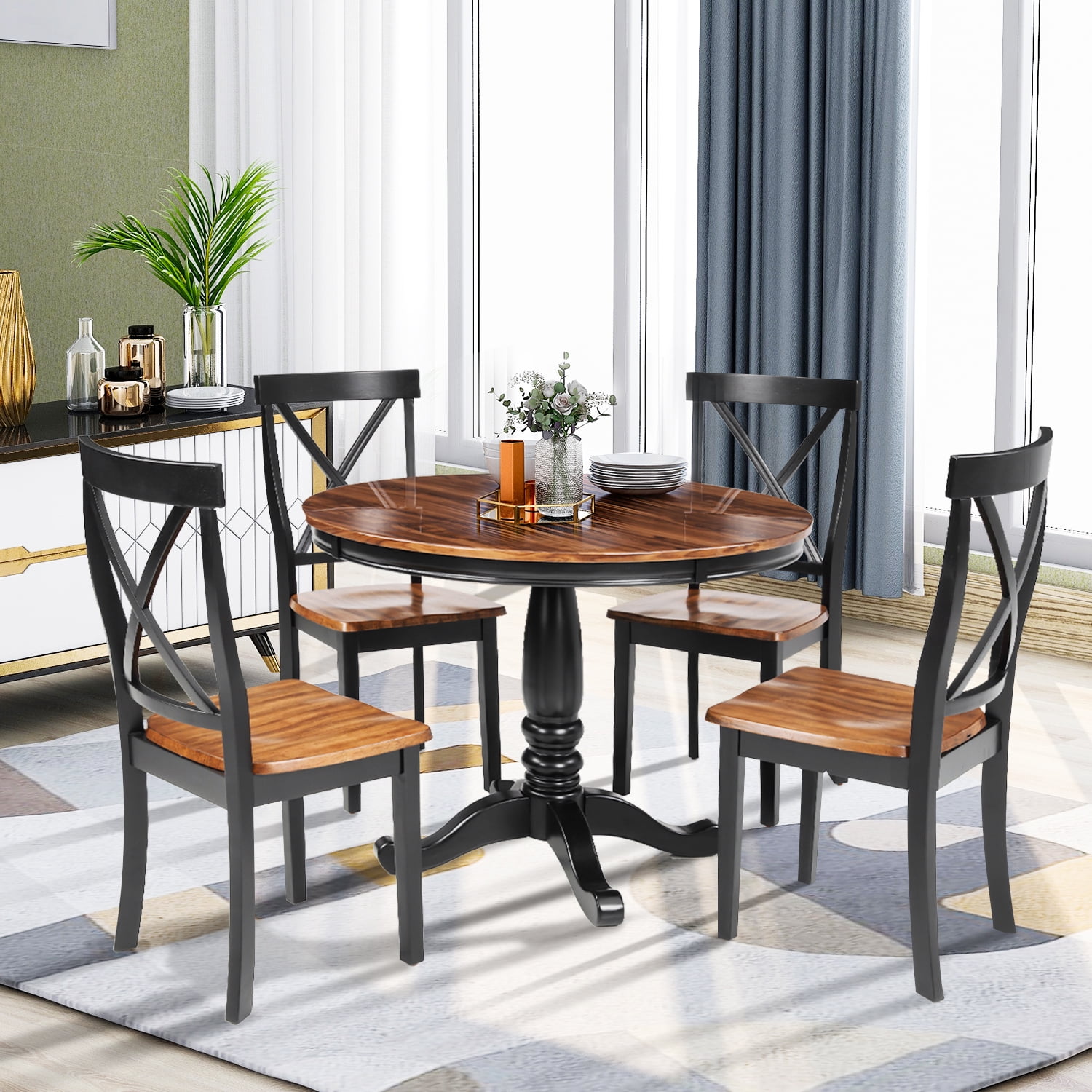 Round Dining Room Table Set for 4 Persons, 5 Piece Dining Room Table and Chairs Set with Durable ...