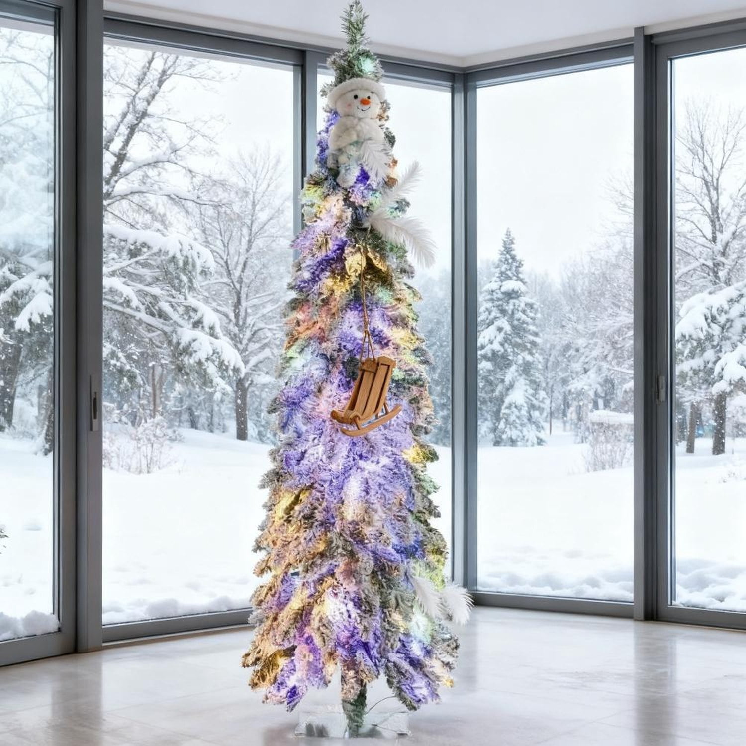 6 ft Pre-Lit Slim Christmas Tree with Snow-Flocked Branches, Green