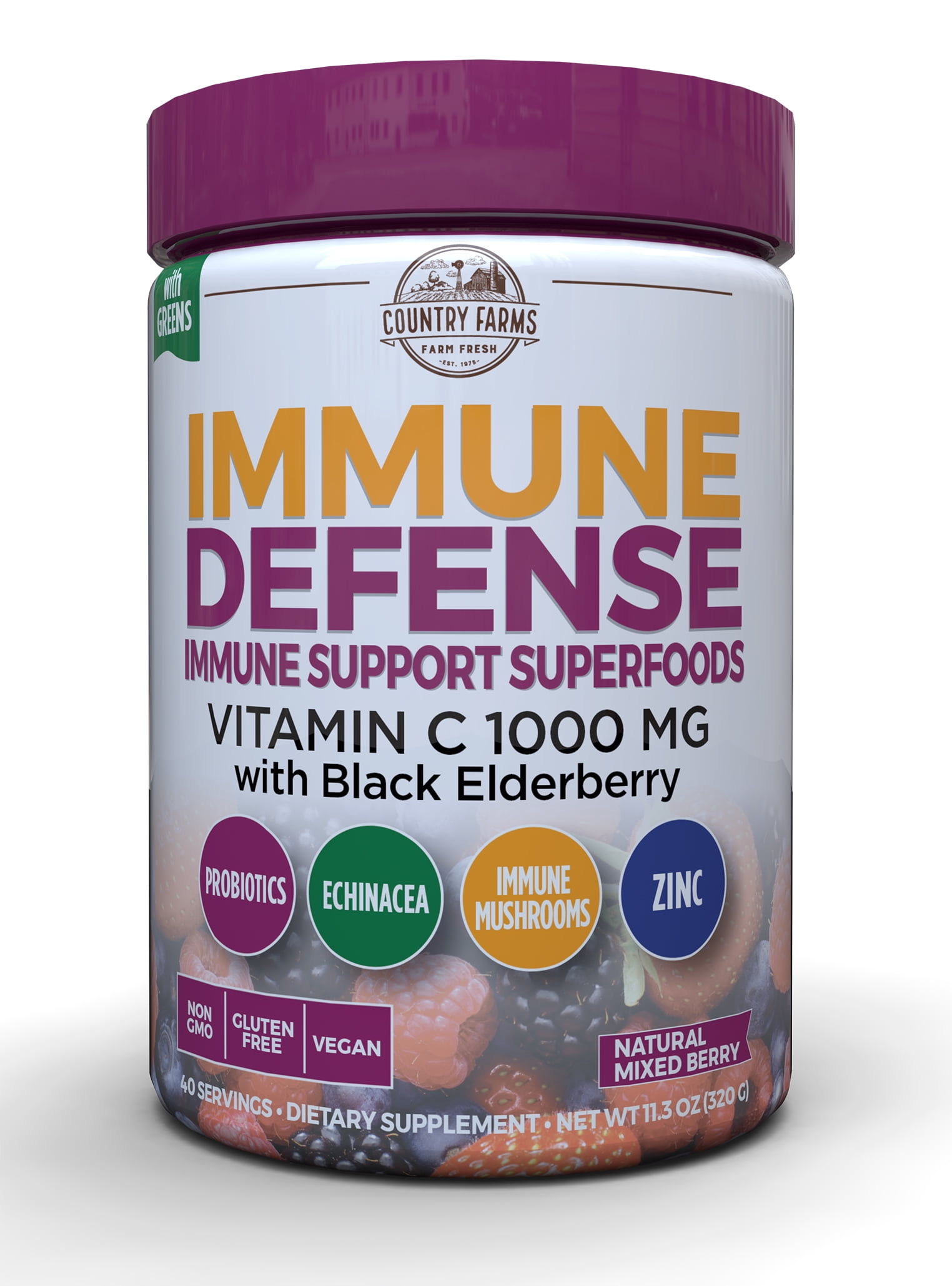 Country Farms Immune Defense Superfoods Drink Mix Dietary Supplement, Immune Support, Vitamin C, Zinc, Echinacea, Mushrooms, Hydration, Powder Drink Mix, Berry Flavor Flavor, 40 Servings