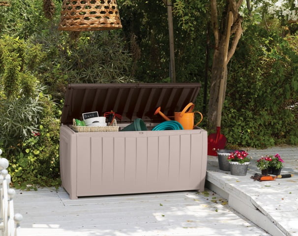 Keter Novel 90 Gallon Durable Resin Outdoor Deck Box Storage Organization, Brown
