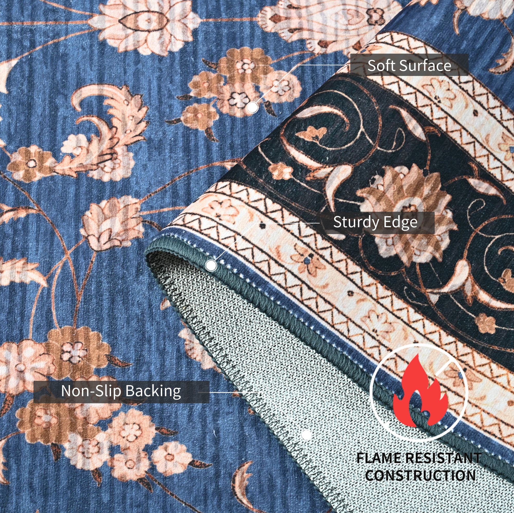 Astorug 5x8 Ft Blue Floral Area Rug - Machine Washable Low Pile Non-Slip Carpet, Boho Vintage Farmhouse Decor for Living Room, Bedroom, Nursery & Office