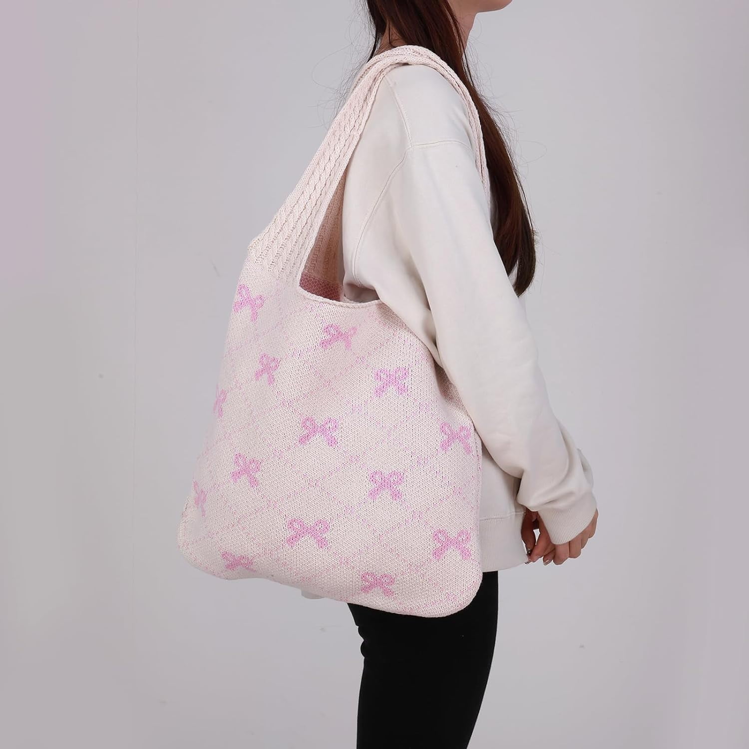 NANAHuang Crochet Tote Bag Y2k Bow Purse for Women Coquette Aesthetic Hobo Bag Cute Shoulder Handbag Knitted Tote Bow Printed Bag
