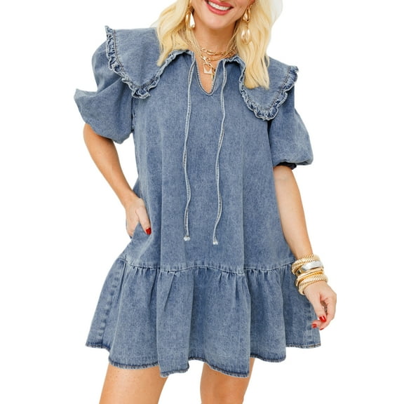 Women's Dusk Blue Ruffled Collared Puff Sleeve Denim Mini Dress with Side Pockets | [ZhiHiMeRi] | (US 12-14)L