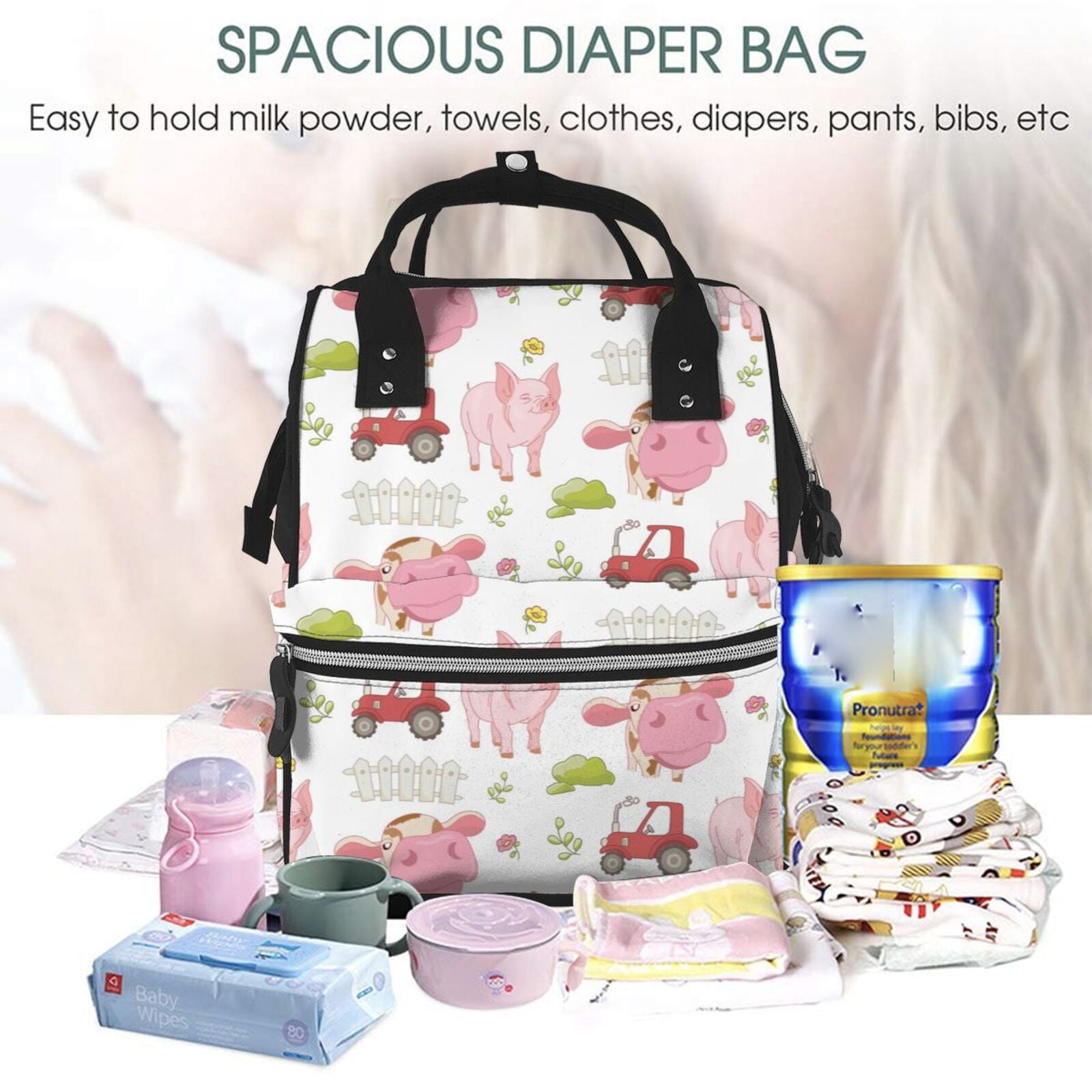 Xecao Cow And Pig print Large Capacity Nappy Bag is a multi-functional waterproof travel backpack, perfect as a nursing bag or mummy backpack for women