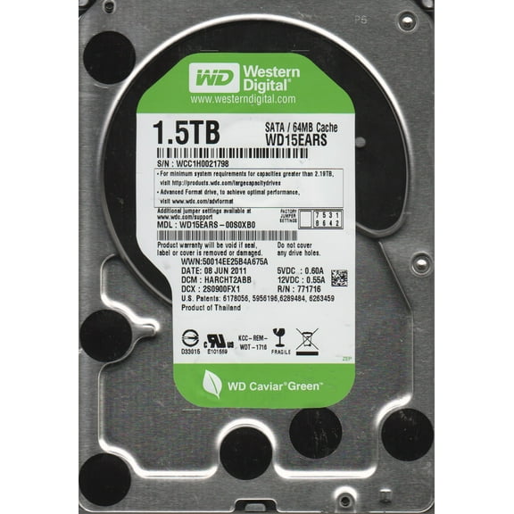 WD15EARS-00S0XB0, DCM HARCHT2ABB, Western Digital 1.5TB SATA 3.5 Hard Drive