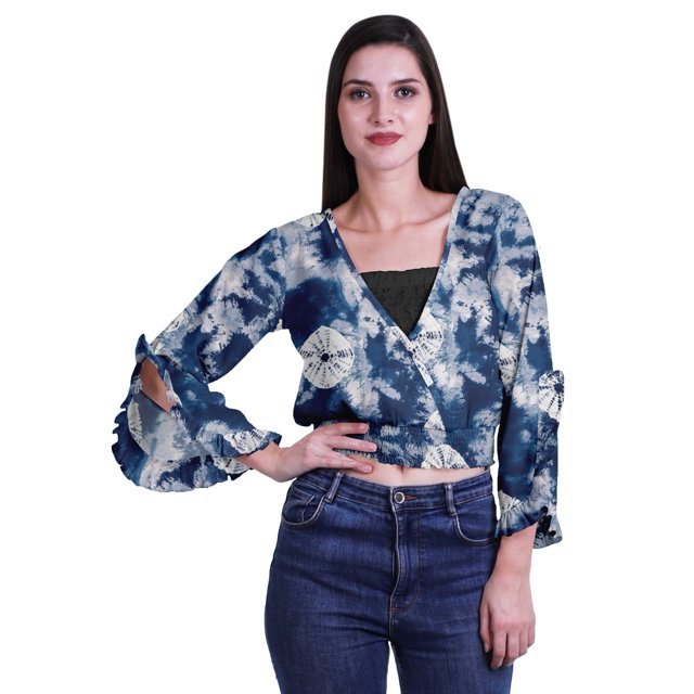 Moomaya Printed Womens Crop Top Wrap Style Top Wear Ruffle Long Sleeve Casual Summer Blouse