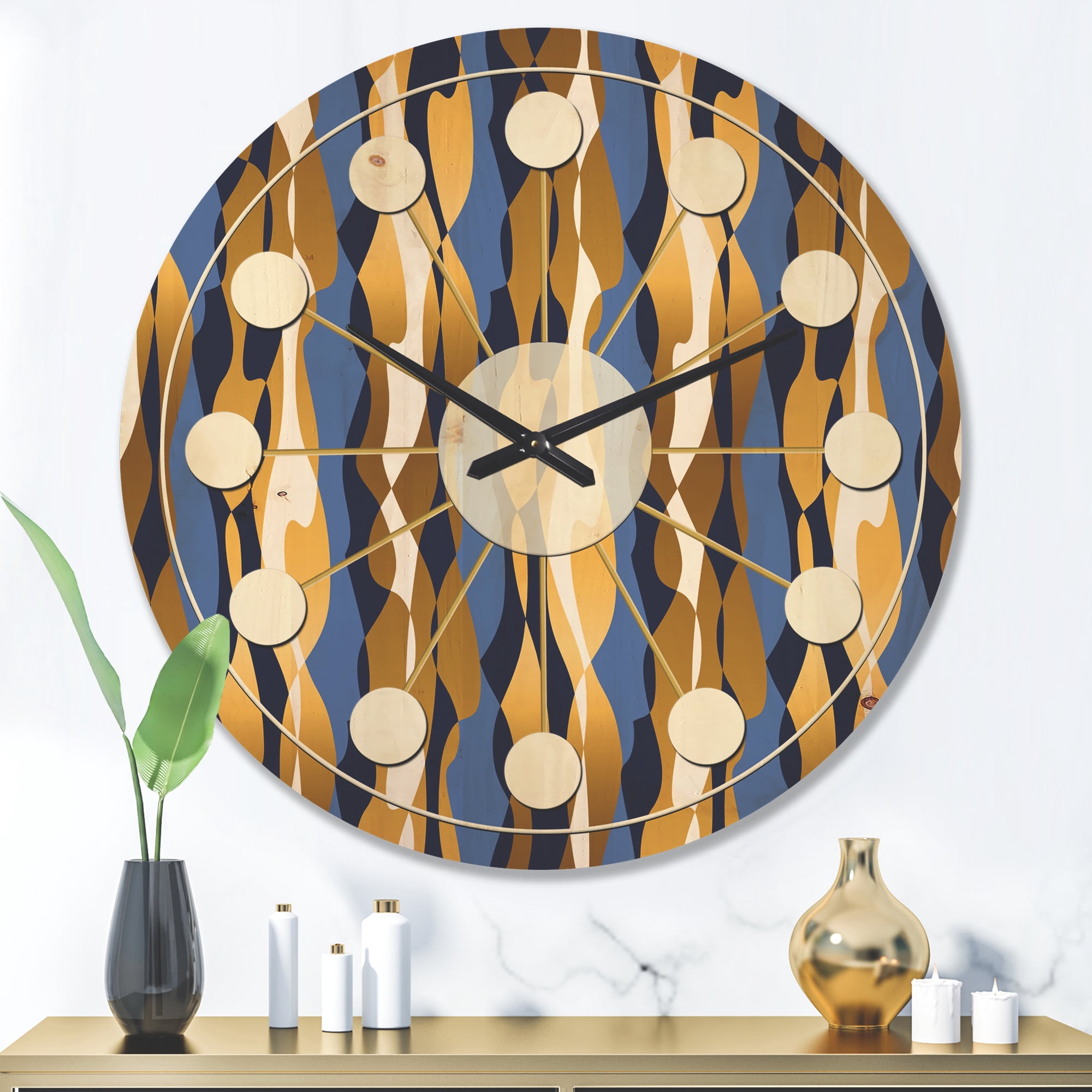 Designart 'Retro Luxury Waves In Blue and Gold I' Mid-Century Modern Wood Wall Clock