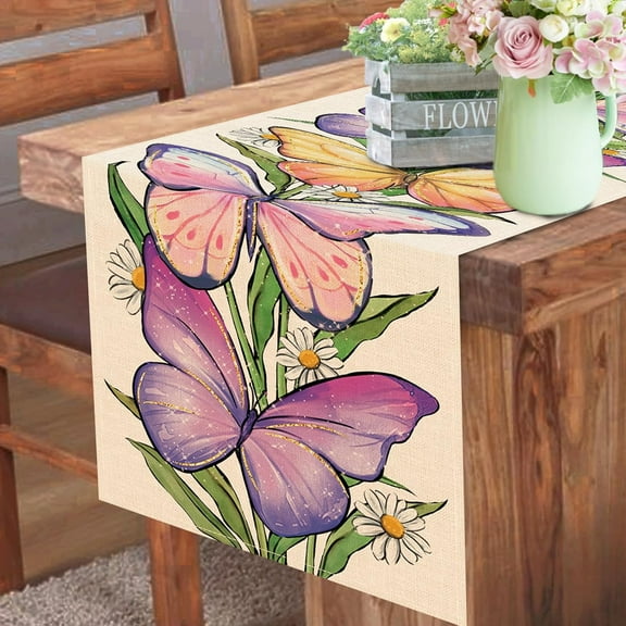 Spring Summer Purple Butterfly Table Runner, Daisy Flower Floral Kitchen Dining Table Decoration, Seasonal Burlap Indoor Outdoor Home Decor Party Supply