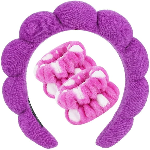 Spa Headband for Washing Face Wristband Sponge Makeup Skincare Headband Terry Cloth Bubble Soft Get Ready Hairband for Women Girl Puffy Padded Headwear Non Slip Thick Hair Accessory(Pink)