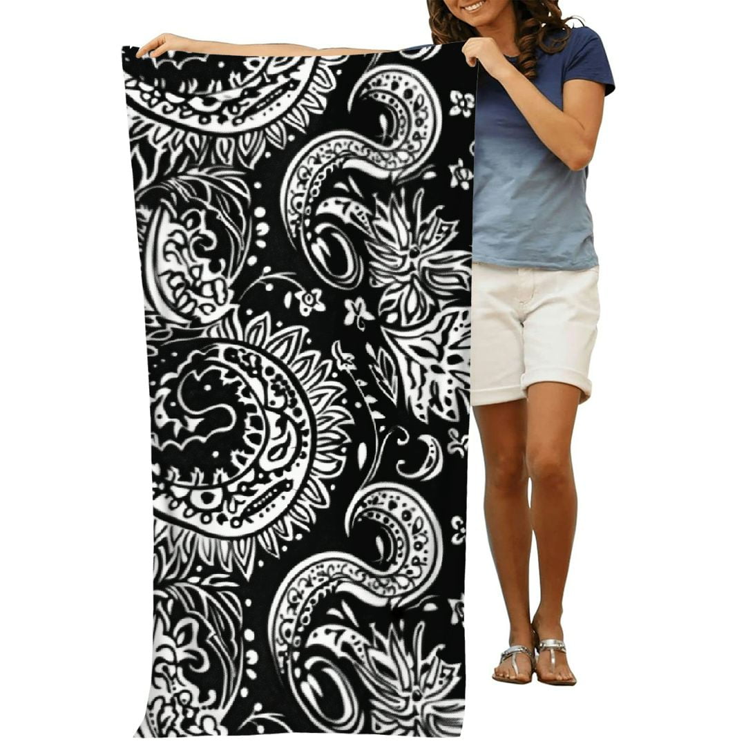 PHYHOO Black and White Indian Paisley Patterns Beach Towel, Sand Free Microfiber Beach Blanket, Quick Dry Absorbent Bath Towels for Swimming Pool, Camping, Picnic, Yoga Gym Sports 30x60in