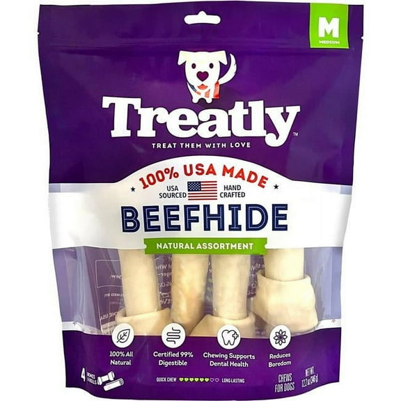 Treatly 12136 100 Percent USA Beef Hide Bones & Rolls - Natural - Medium - 4 per Pack - Case of 5