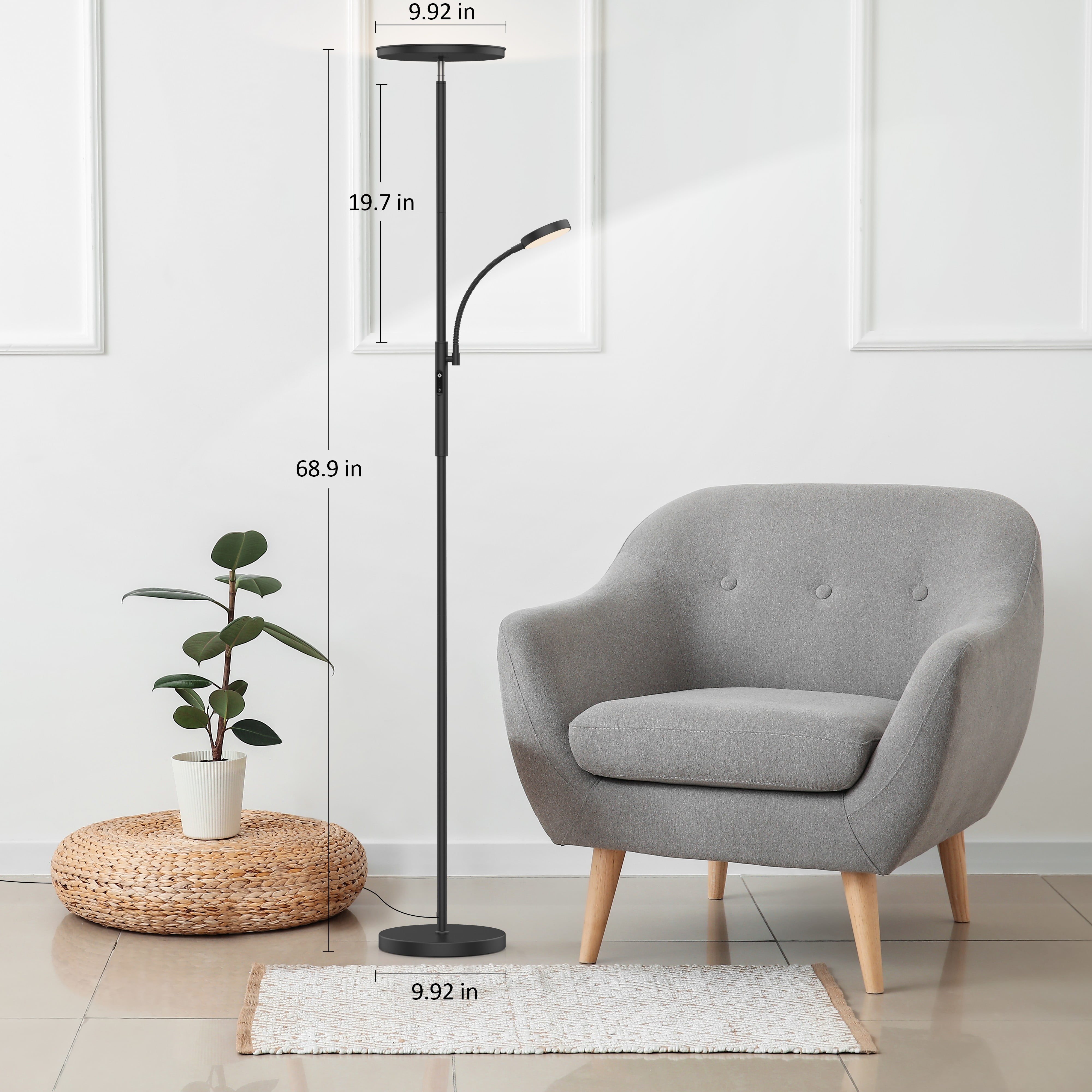 LED Floor Lamp for Bright Living Room Lighting, Dual-Head 27W/2000LM Main & 7W/350LM Side Reading Lamp, 3 Adjustable Colors with Remote & Touch Control