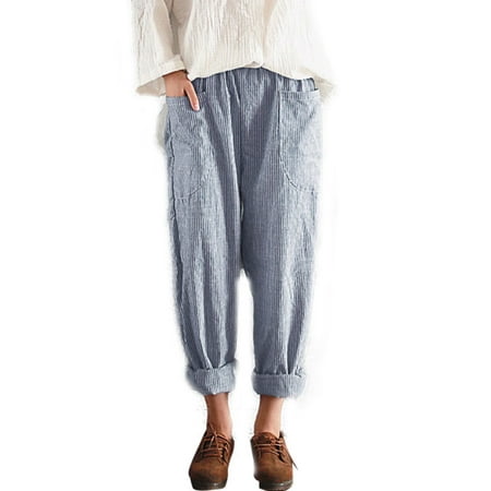 Mango Womens Linen - Women Cotton Linen Elastic Waist Loose Pant Pocket Trousers Casual Harem Striped