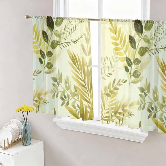 Sage Green Leaves Sheer Curtains 54 Inch Length 2 Panels Set Window Treatments, Summer Botanical Farmhouse Watercolor Leaf Rod Pocket Semi Curtains for Living Room/Bedroom/Kitchen, 104"W x 54"L