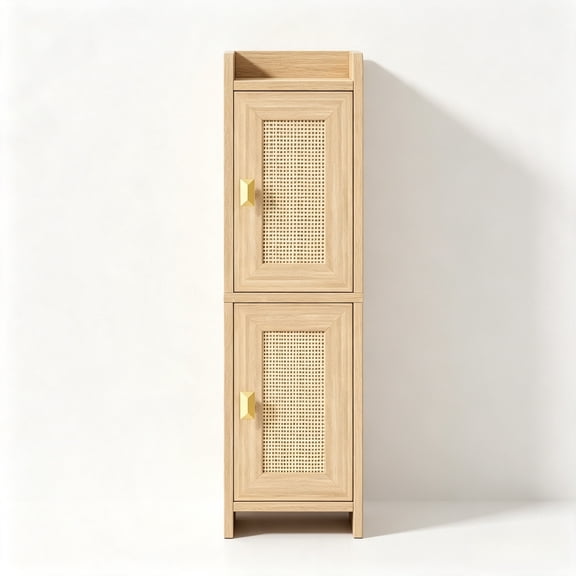 Rattan Small Bathroom Cabinet Narrow Toilet Paper Organizer Oak | 7.9''D x 7.9''W Bathroom Organizer and Storage Cabinet for Small Space, Slim Corner Unit with Adjustable Shelf