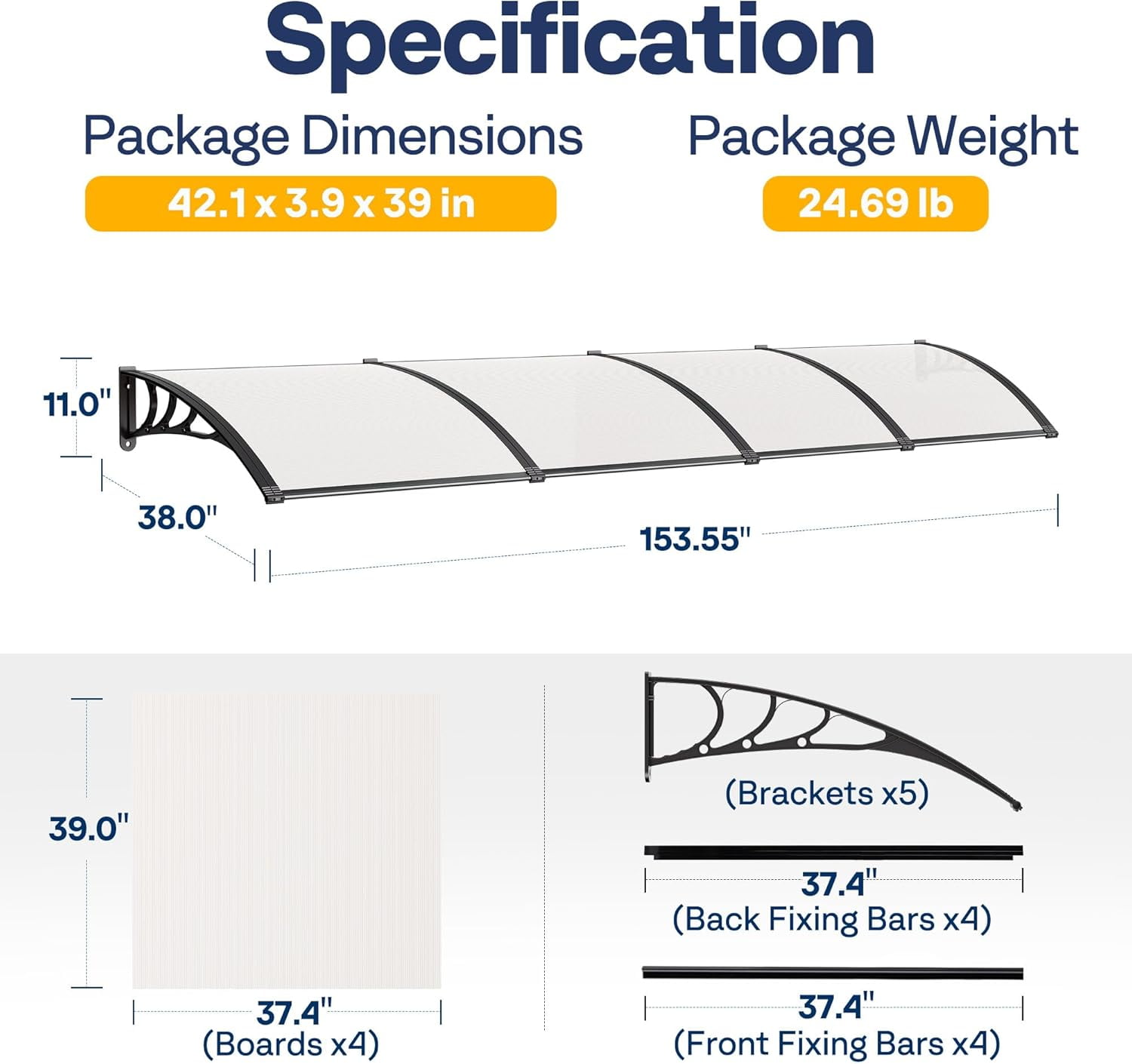 SPECSTAR Polycarbonate Window Door Awning Canopy Transparent with Black Bracket 40 Inch x 160 Inch