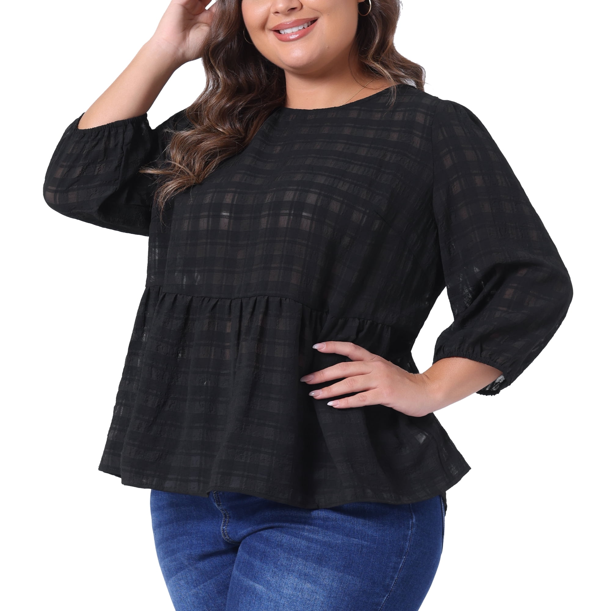 DARING DIVA Women's Plus Babydoll Round Neck 3/4 Puff Sleeves Peplum Blouse 1X Black