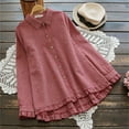 thumbnail image 2 of DDAPJ pyju Women's Spring Tops Dressy Casual Ruffle Plaid Blouse Long Sleeve Button Down Linen Shirts Oversized Boyfriend Shirt Red XL, 2 of 7