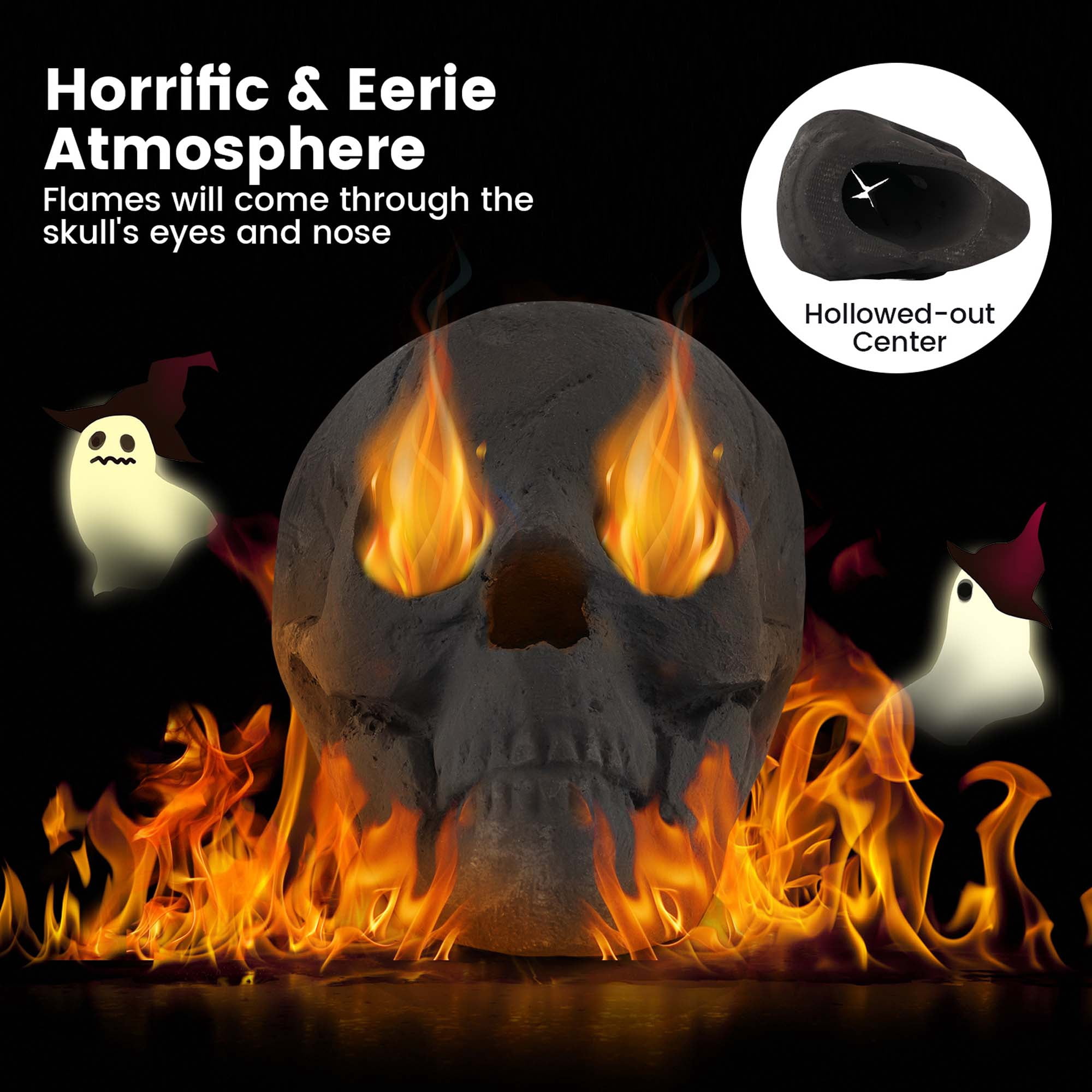Costway Ceramic Fireproof Fire Pit Skull, Reusable Imitated Human Skull for Gas Black