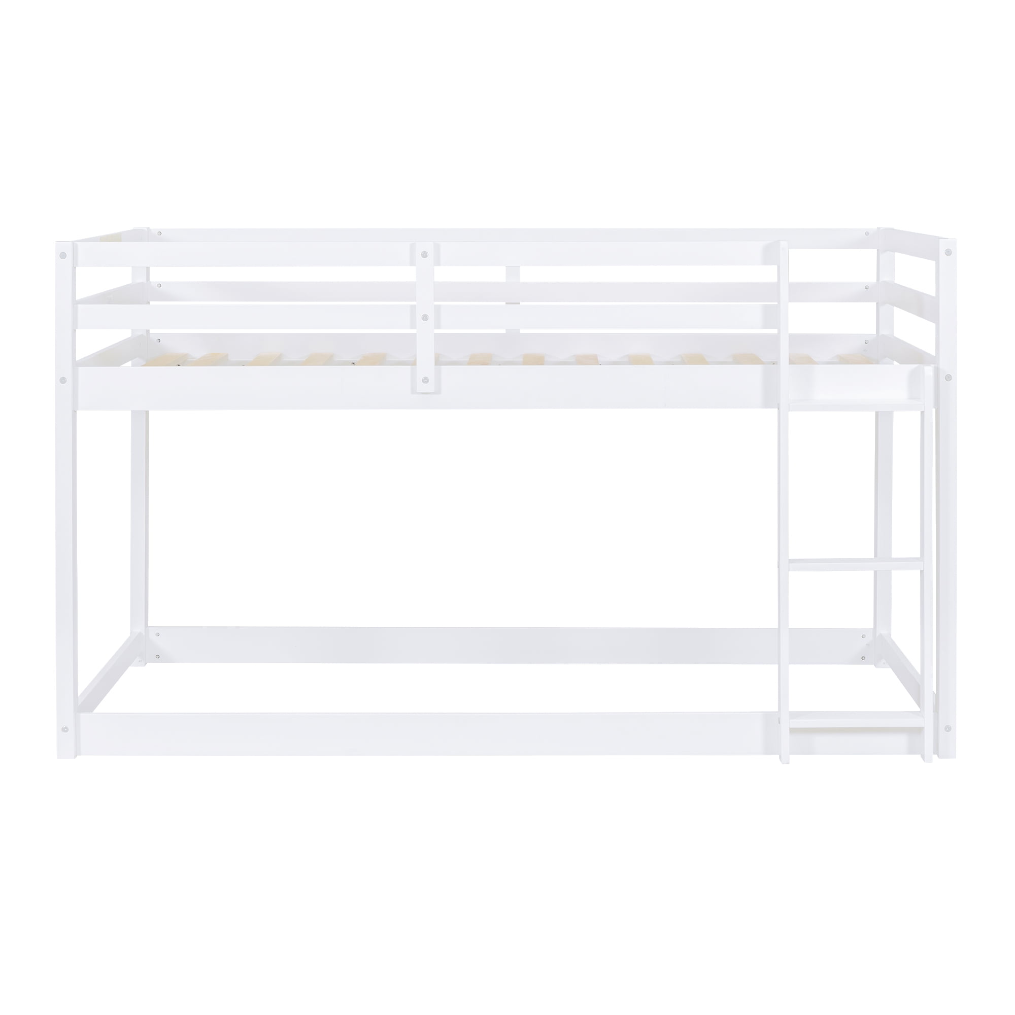 Euroco Twin over Twin Floor Bunk Beds with Ladder and Guardrail for Kids Teens, White