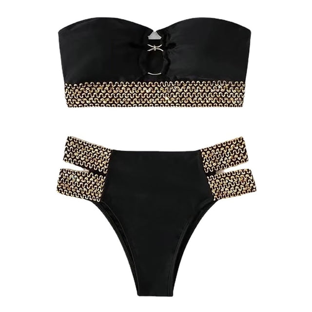 2Pcs/Set Ring Connection Off Shoulder Bikini Set Bandeau Bra High Waist Briefs Swimwear Beachwear
