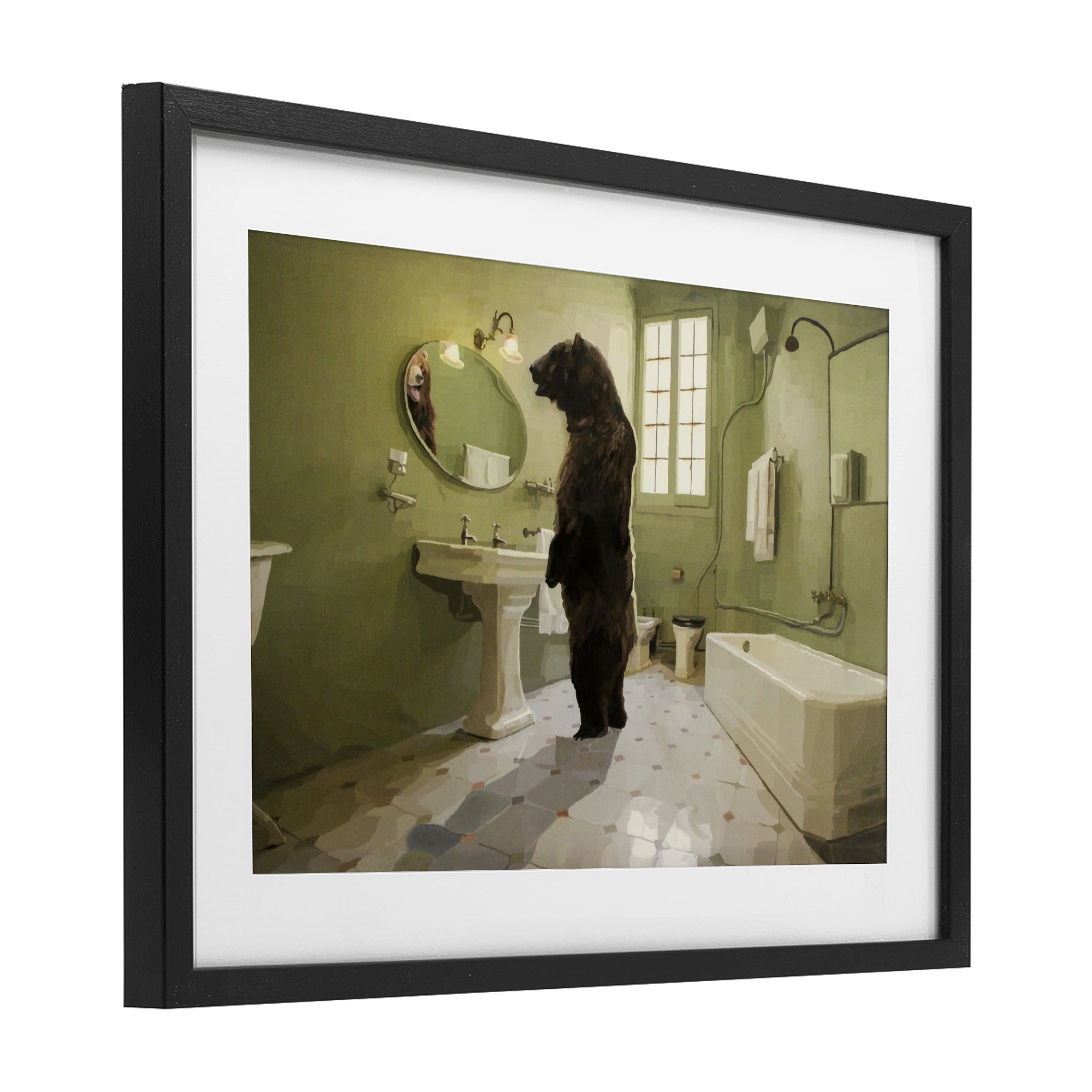 The Houseguest Bear in Bathroom Black Framed Print Under Glass, design by Keith Thomson