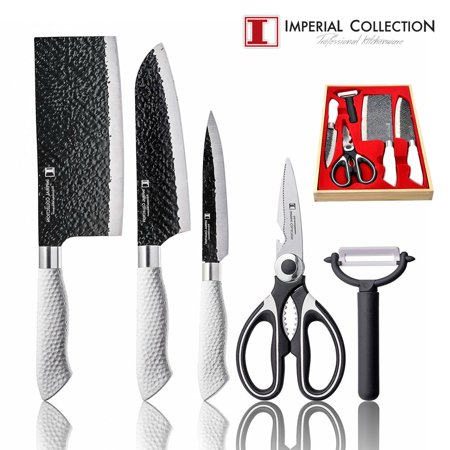 007 Stainless Steel Case - Imperial Collection 6 Piece Knife Set, Includes 2 In 1 Scissor/Bottle Cap Opener, Peeler & Storage Case - Extremely Sharp High Quality Stainless Steel NonStick Coating Kitchen Knives (White)