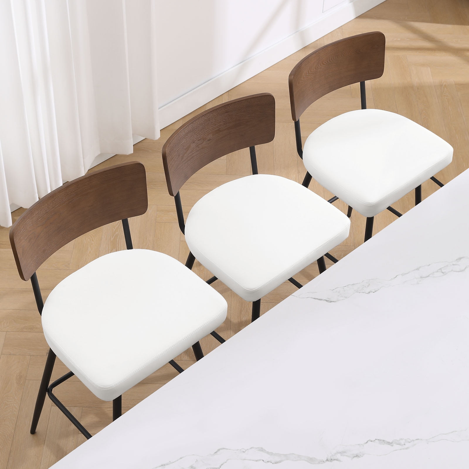 ANMINY Swivel Bar Stools Set of 3, 29" Seat Height, Upholstered Faux Leather Counter Barstools with Wood Backs and Metal Legs, Counter Height Bar Stool for Kitchen Island