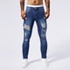 thumbnail image 4 of Pantalones de mezclilla ajustados para hombre, estilo casual, con bolsillos, perforados y estampados de lunares, color liso, elásticos, de pierna corta, 4 of 9