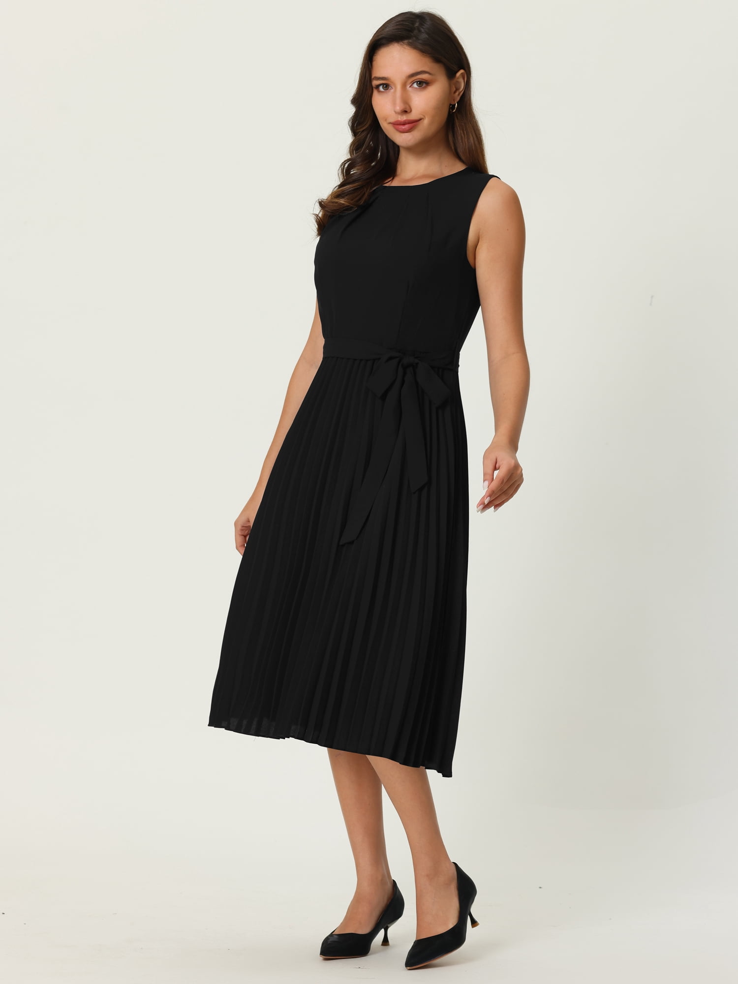DARING DIVA Sleeveless Pleated Tie Waist Casual Office A-Line Dress M Black