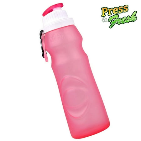 Pink Water Botle Press n Fresh Silicone Foldable Water Bottle - Light Weight Plastic Bottle, Perfect for Running, Biking, Jogging, Hiking, Camping, Picnic, Yoga and Travel (Pink) ()