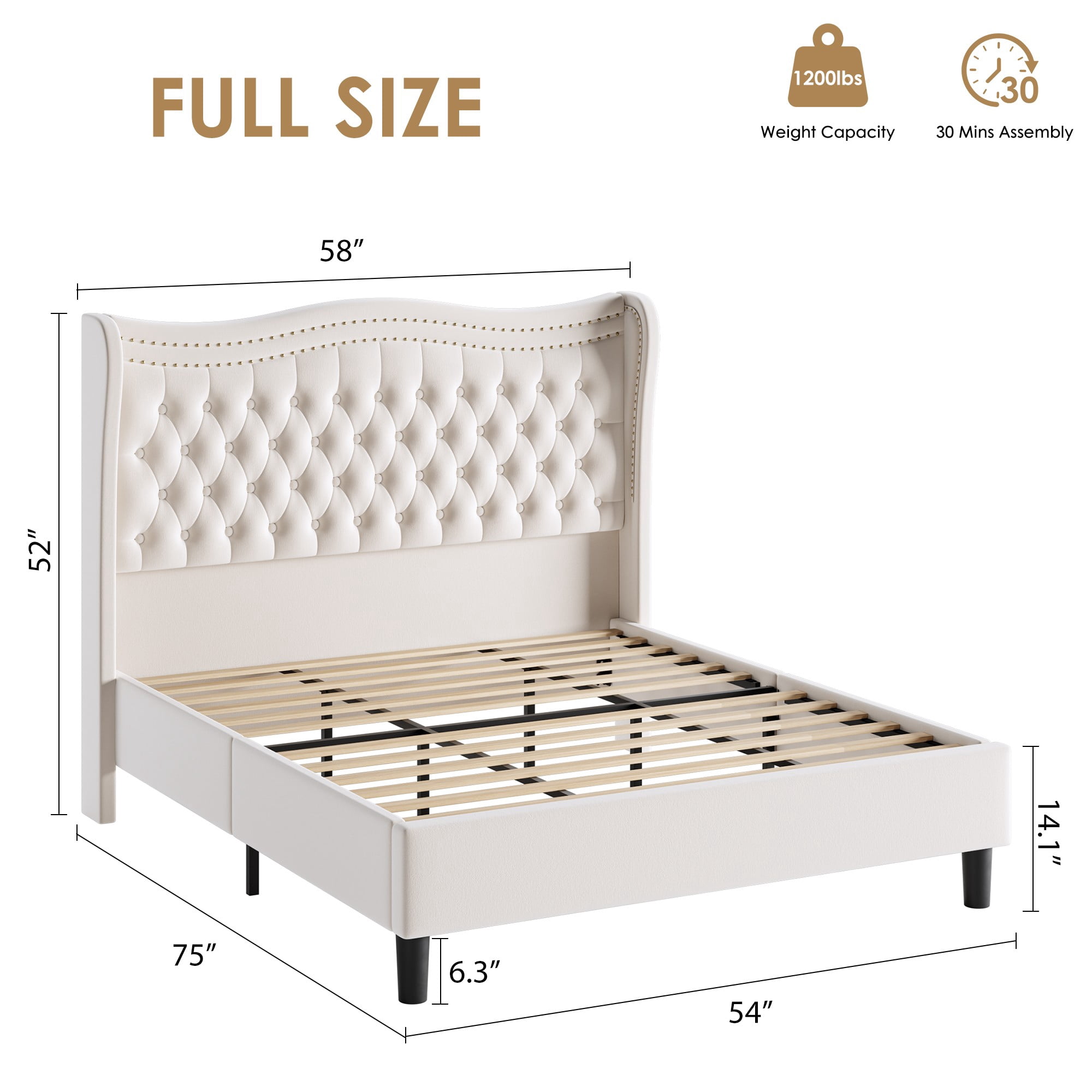 BSHTI Full Size Upholstered Bed Frame with Wingback Headboard – Velvet Diamond Tufting & Double Nail Trim, No Box Spring Needed, Beige