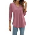 thumbnail image 2 of 3/4 Sleeve Tee Shirts for Women Notch V Neck Top Solid Color Dressy Casual Blouses Pullover T Shirt Tops Tunic, 2 of 8