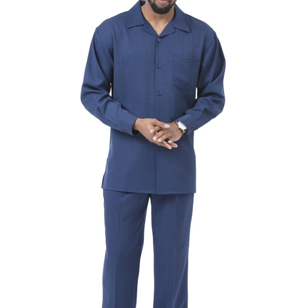 Montique Navy Solid 2 Piece Walking Suit Long Sleeve Shirt Men's ...