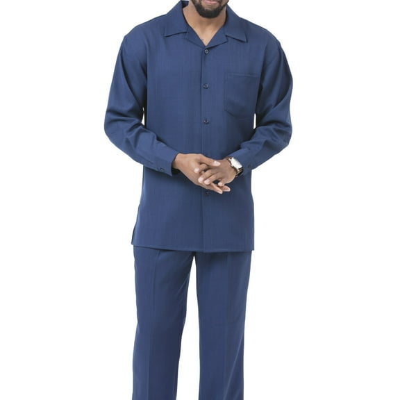 Montique Navy Solid 2 Piece Walking Suit Long Sleeve Shirt Men's Leisure Suit 1641