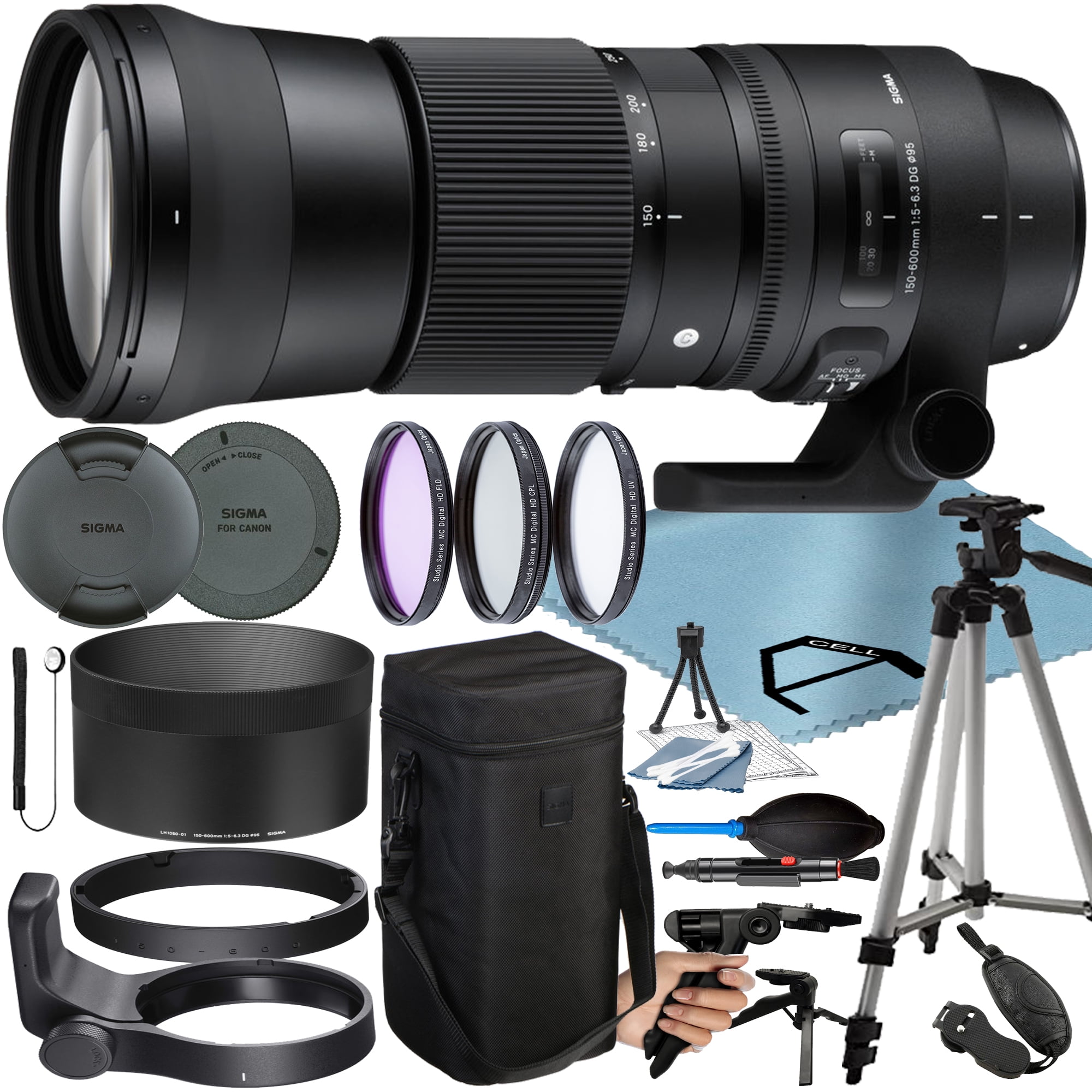 Sigma 150-600mm F/5-6.3 DG OS HSM Contemporary Lens for Canon EF with  Tripod + 3 Pieces Filter + A-Cell Accessory Bundle
