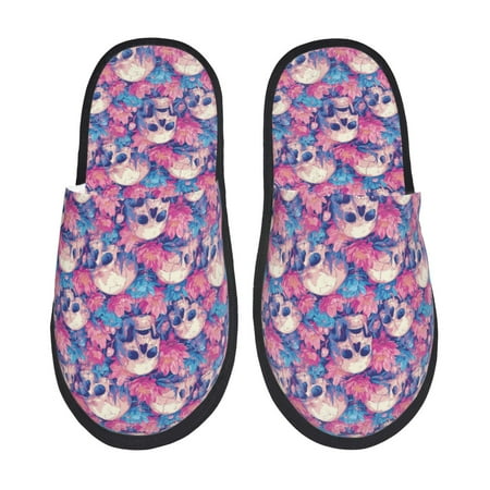 Balery white Skull blue flower Slient Indoor Furry Fleece Comfort House Shoes Soft Non-Slip Home Shoes Cotton slippers House Slippers-- Large