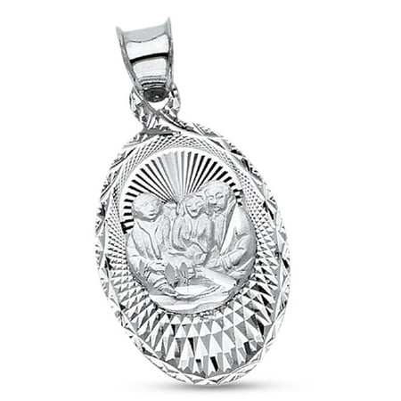 Solid 14k White Gold Baptism Stamp Pendant Faith Charm Religious Polished Diamond Cut 19 x 13 mm