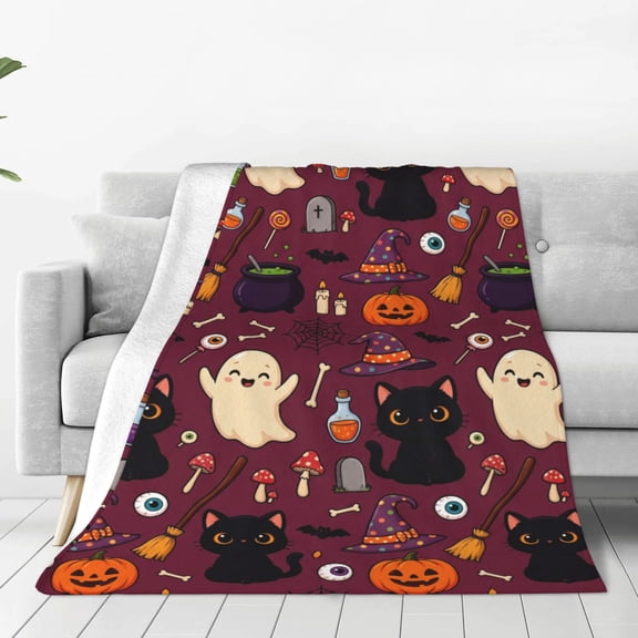 Black Cat Blanket, Halloween Cute Witch Cauldron Polka Dot Hat Broom Ghost Jack O Lantern Print, Cozy Flannel Bedroom Throw, Gift for Adults 50x40