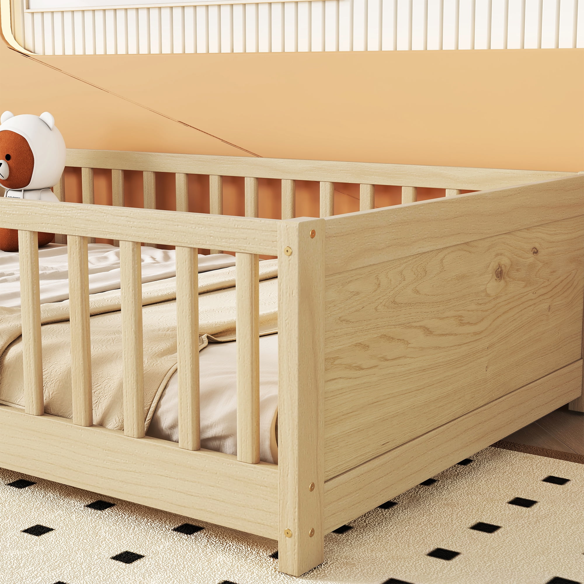 Miniyam Floor Bed, Twin Size Platform Bed Frame with Built-in Book Storage Rack, Door, Natural