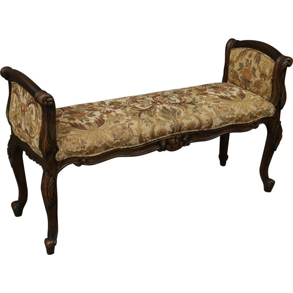 French Style Bench with Carved Elegance and Gold Chenille