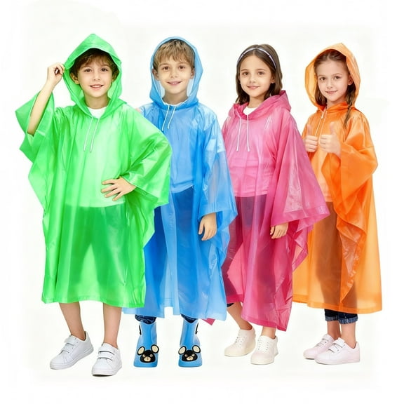BlueFire Ponchos for Kids Disposable Rain Ponchos 4 Pack ,Raincoats for Kids, Reusable Rain Ponchos with Hood and Sleeves Waterproof Rain Coat for Children Boy Girl Kids,plastic lightweight  raincoat