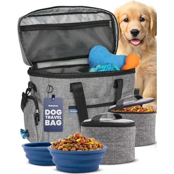 Dog Travel Bag for Supplies with 2 BPA-Free Travel Bowls and 2 Food Containers, Grey