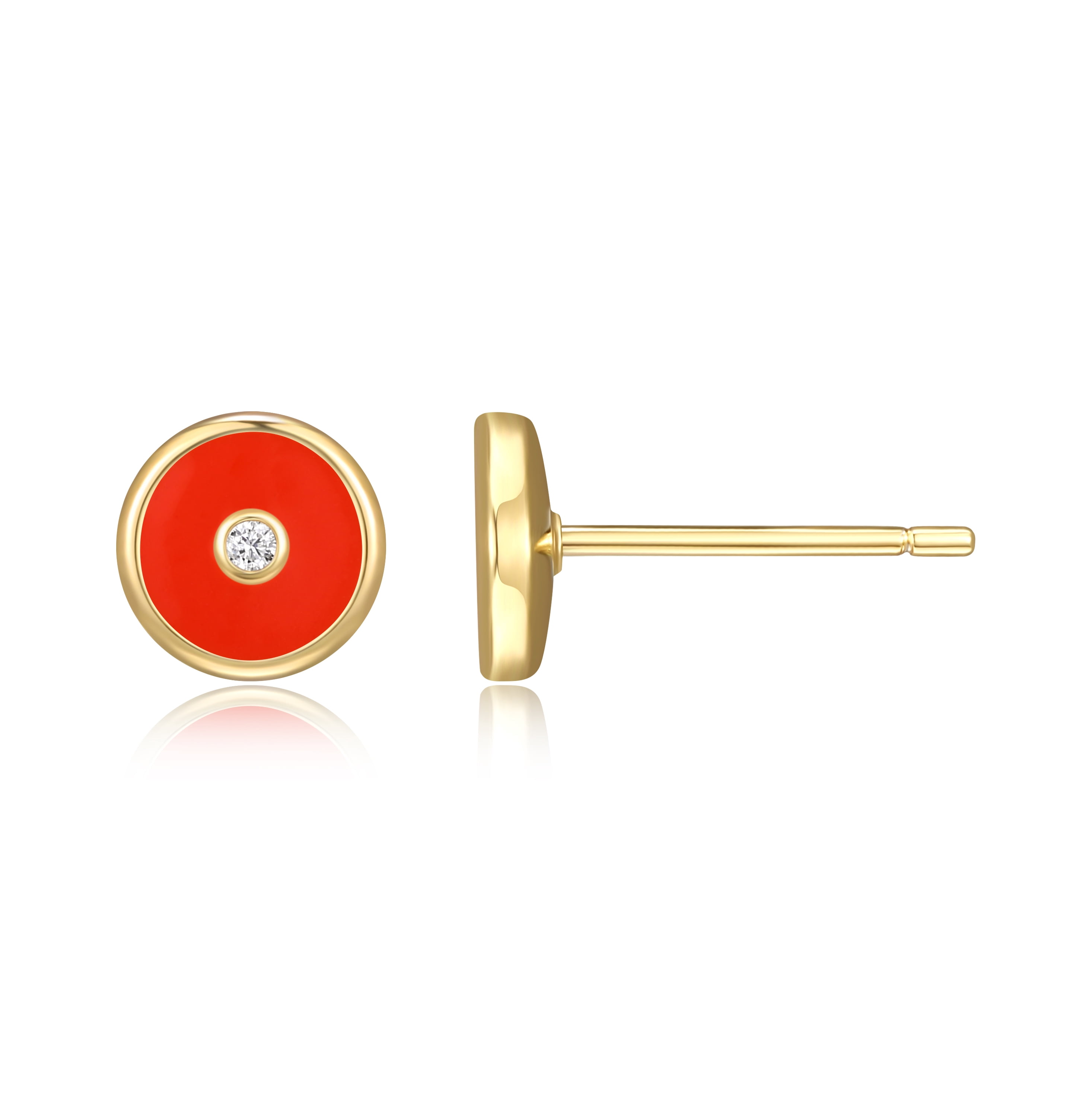 Forever Facets Women's Gold over 925 Sterling Silver CZ and Coral Epoxy Round Stud Earring Jewellery